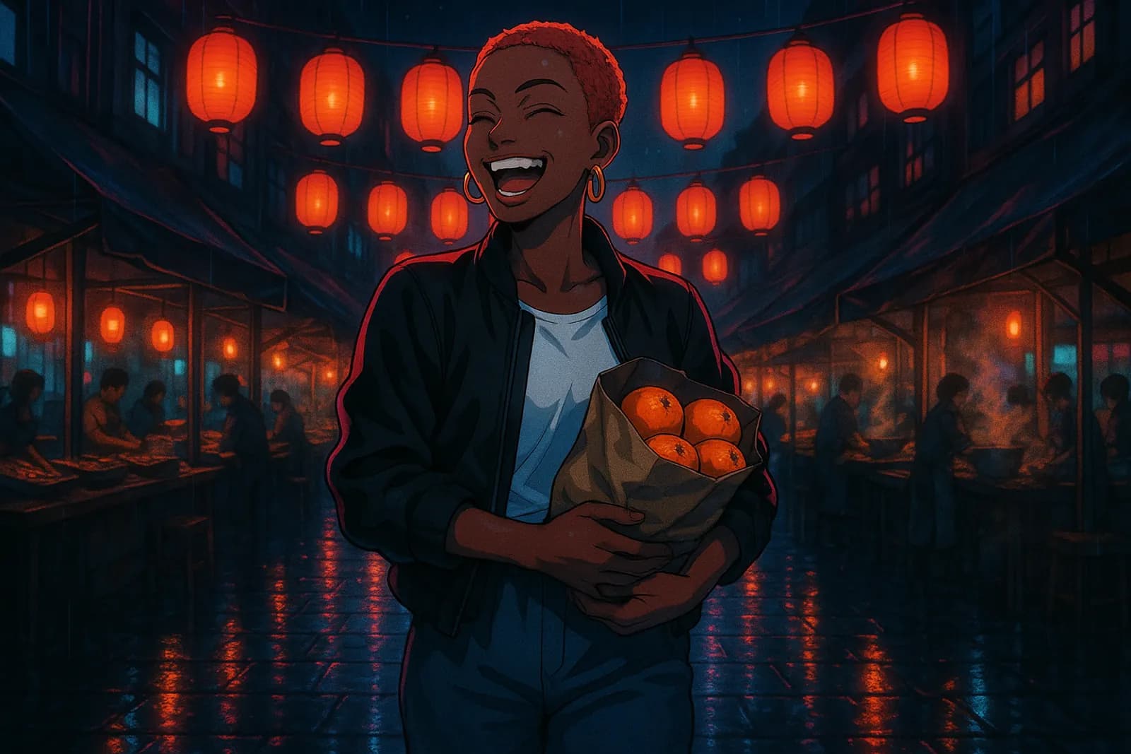 A studio render of woman in her thirties with dark brown skin, standing in Dusk Market, drawn in the Wet Street hand