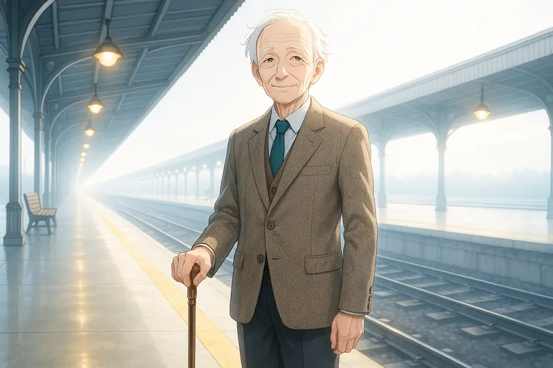 A studio render of thin man in his eighties with very pale skin and wispy white hair, standing in Long Platform, drawn in the Rim Light hand