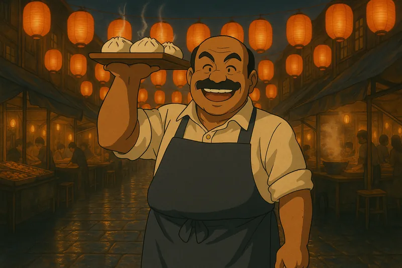 A studio render of stocky man in his fifties with brown skin, standing in Dusk Market, drawn in the Twelve Colours hand