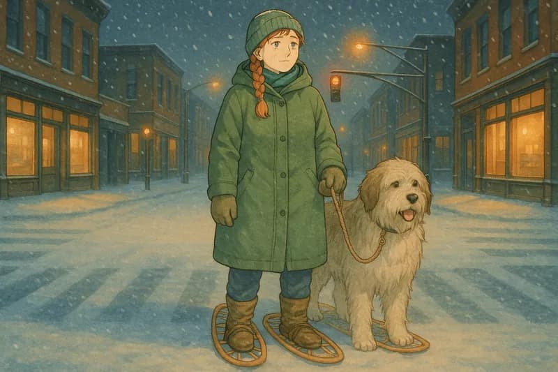 A studio render of sturdy woman in her forties with fair, standing in First Snow Crossing, drawn in the Watercolour hand