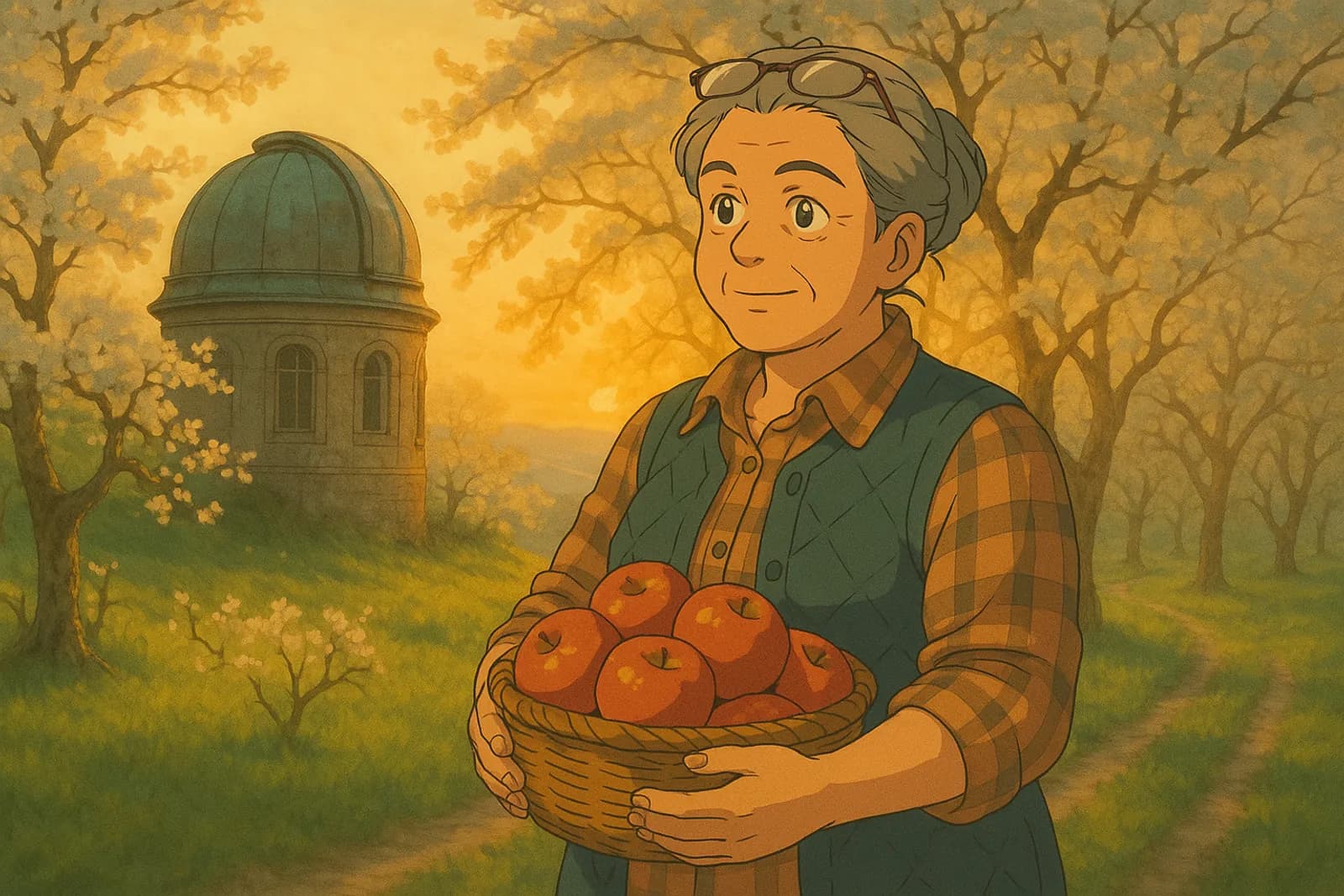 A studio render of round-faced woman in her fifties with olive skin and silver hair in a loose bun, standing in Telescope Orchard, drawn in the Twelve Colours hand