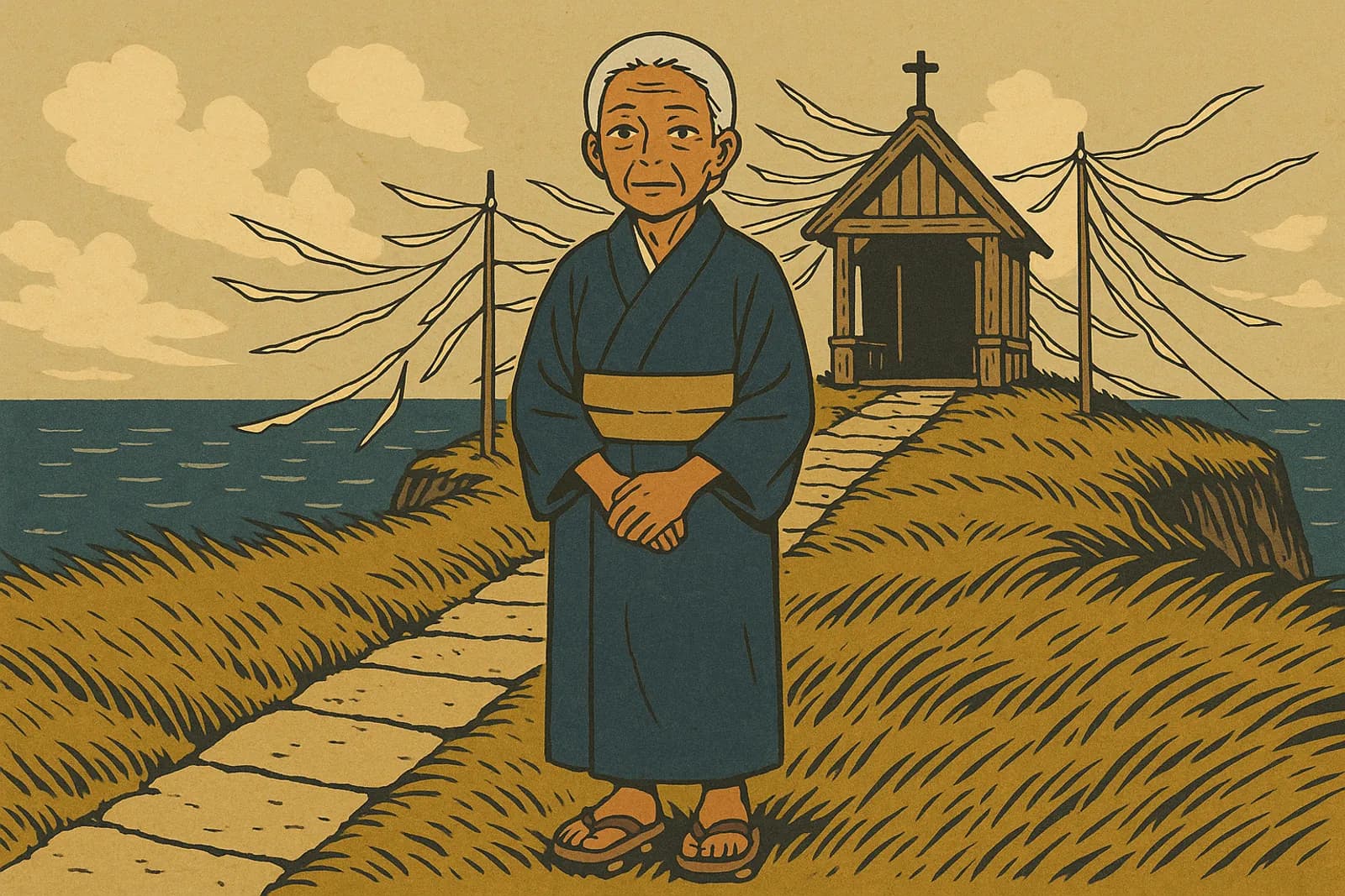 A studio render of small woman in her seventies with tan, standing in Headland Shrine, drawn in the Key Line hand