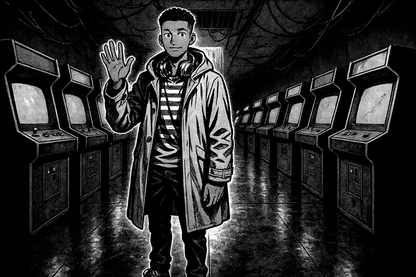 A studio render of lanky man in his twenties with medium-brown skin and a high fade, standing in Undercity, drawn in the Screentone hand