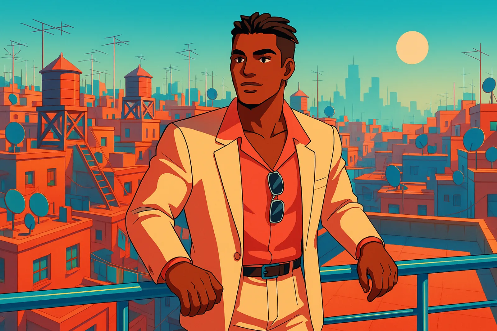 A studio render of broad-shouldered man in his thirties with deep brown skin and short locs, standing in Rooftop Walk, drawn in the Airbrush hand