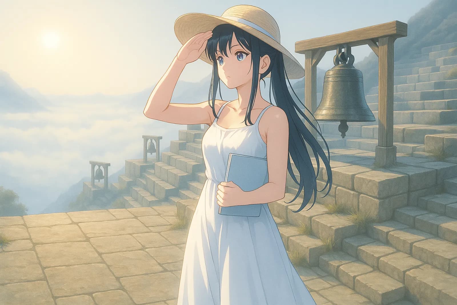 A studio render of tall woman in her twenties with light skin and long straight black hair tied high, standing in Terrace of Bells, drawn in the Rim Light hand