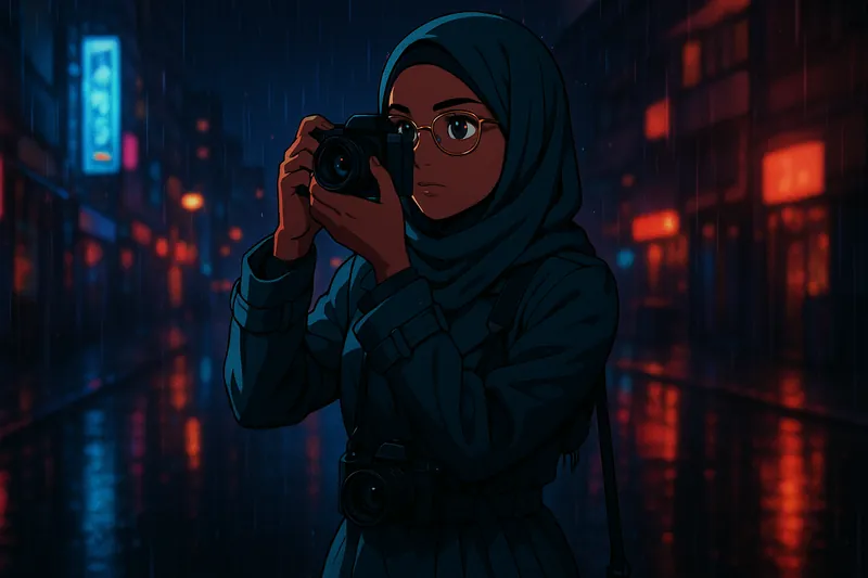 A studio render of young woman in her twenties with brown skin, standing in Terrace of Bells, drawn in the Wet Street hand