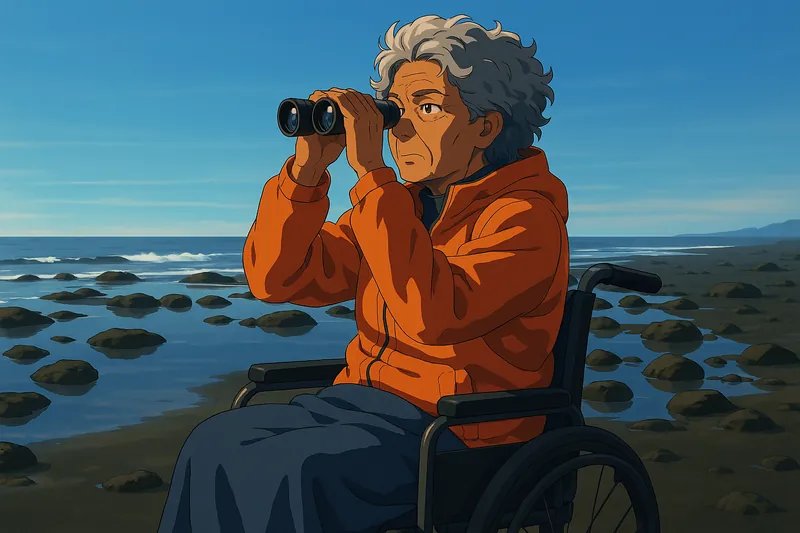 A studio render of woman in her sixties with tan skin and grey curls, standing in Saltglass, drawn in the Deep Light hand