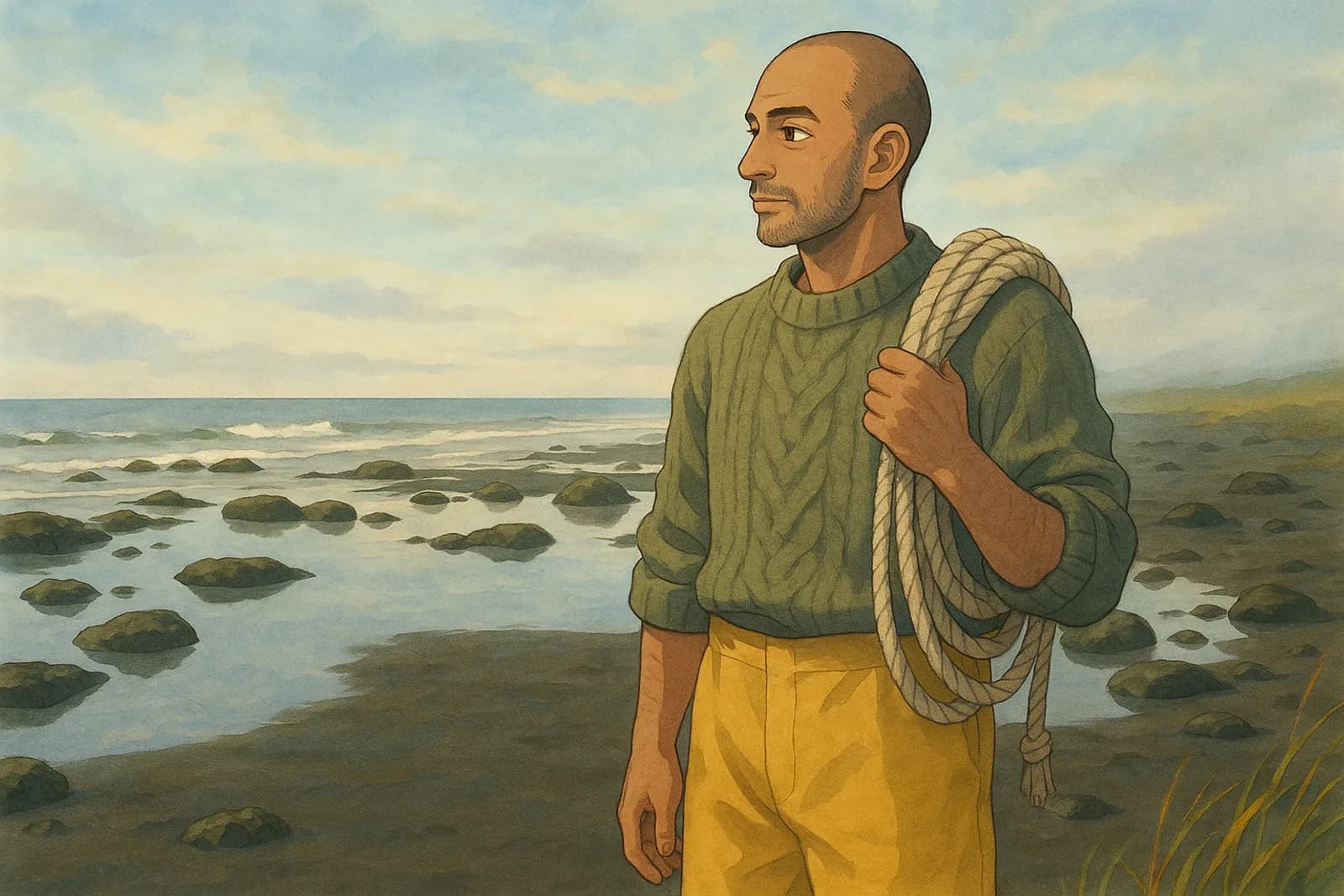 A studio render of slim man in his forties with brown skin, standing in Saltglass, drawn in the Watercolour hand