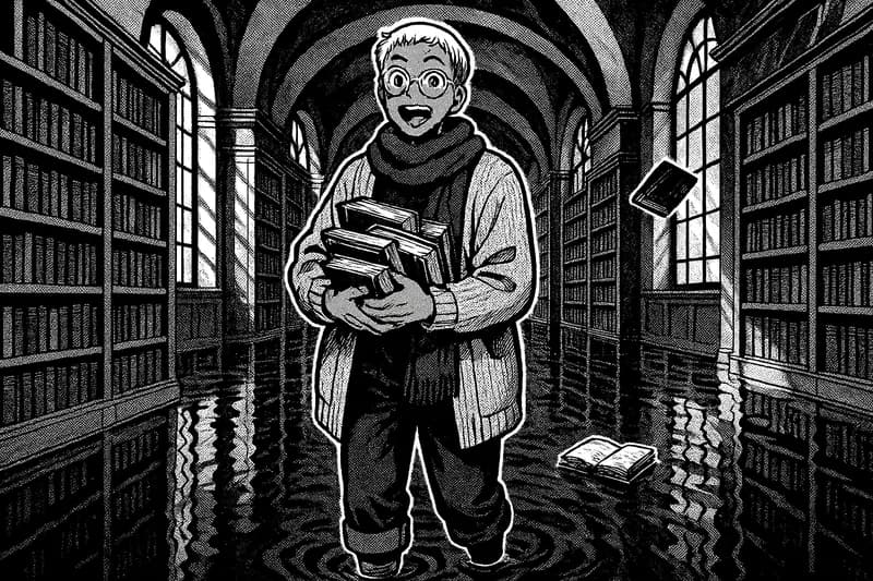 A studio render of person in their twenties with light brown skin and a blonde crop, standing in Drowned Library, drawn in the Screentone hand