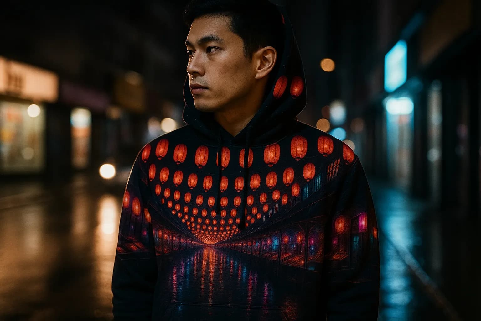 Someone in a black hoodie printed edge to edge with the neon-lit Lantern Market scene, standing on a wet city street at night with shop lights behind them.