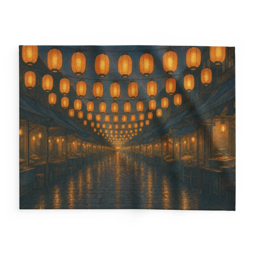 Arctic fleece blanket printed with Dusk Market in the Twelve Colours hand