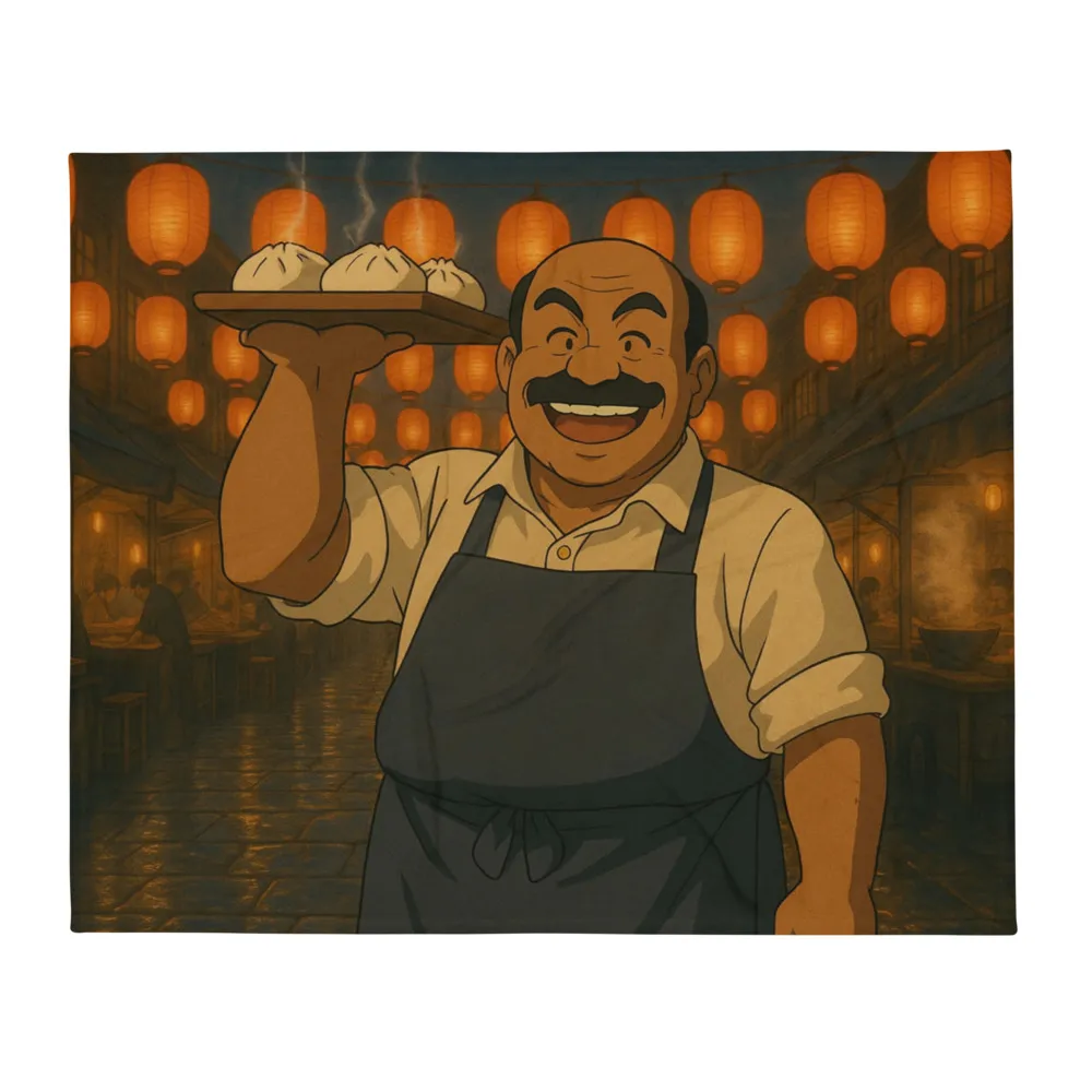 Fleece blanket printed with lantern market in the cel90s hand