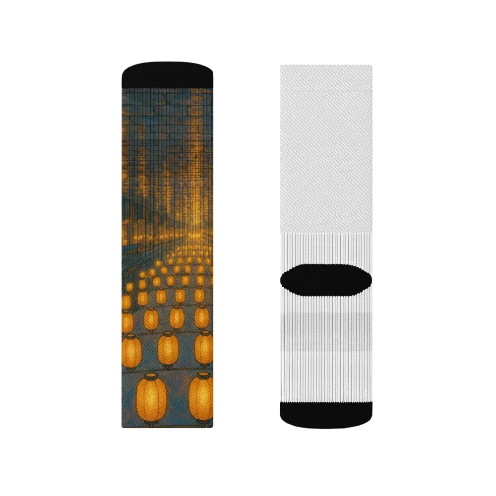 Socks printed with Dusk Market in the Twelve Colours hand