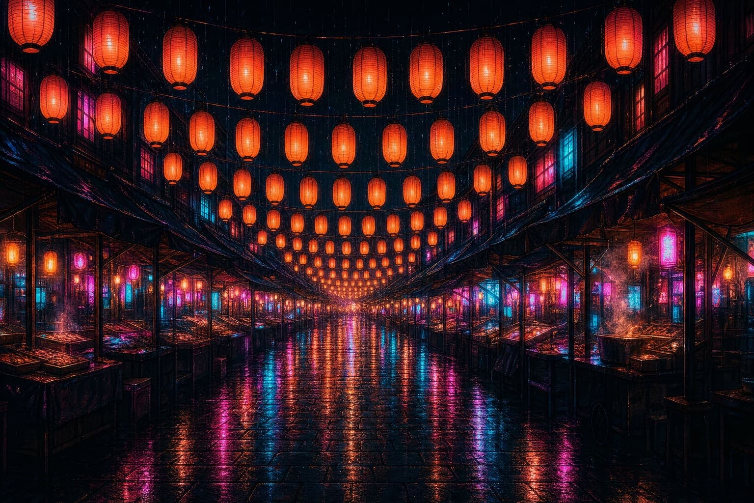 Dusk Market in the Wet Street hand