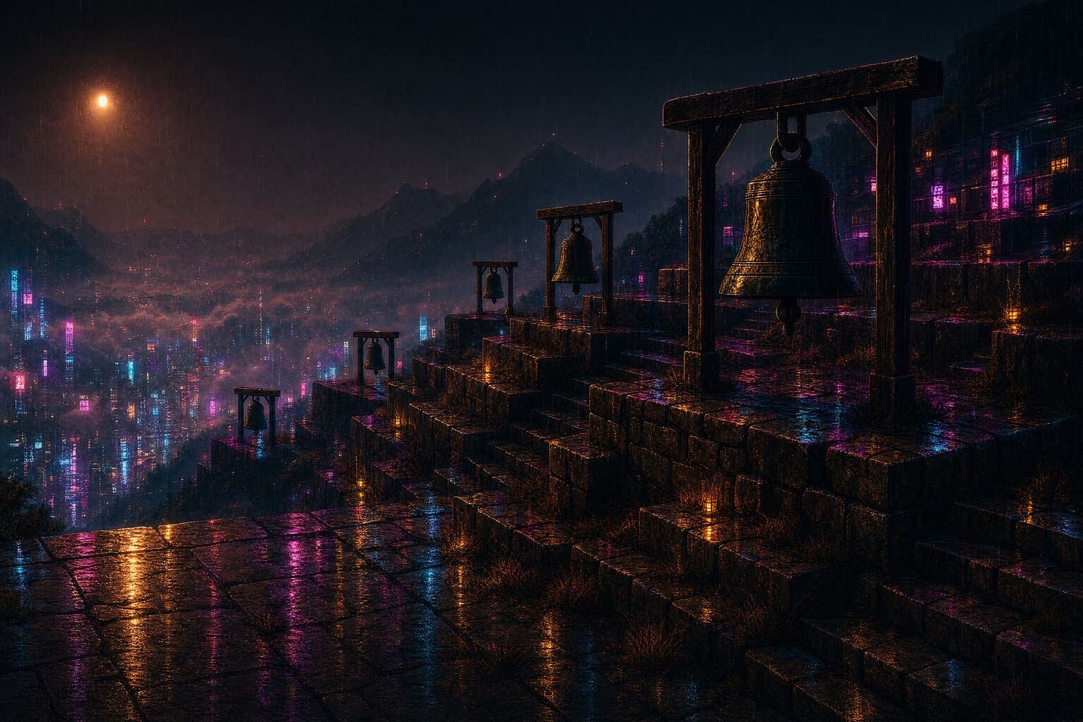 Terrace of Bells in the Wet Street hand