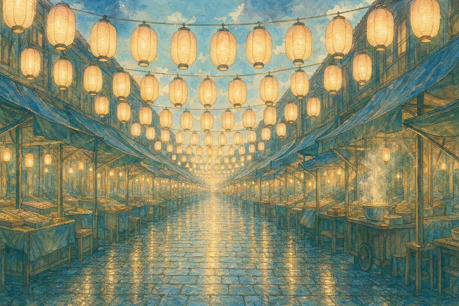 Dusk Market in the Watercolour hand