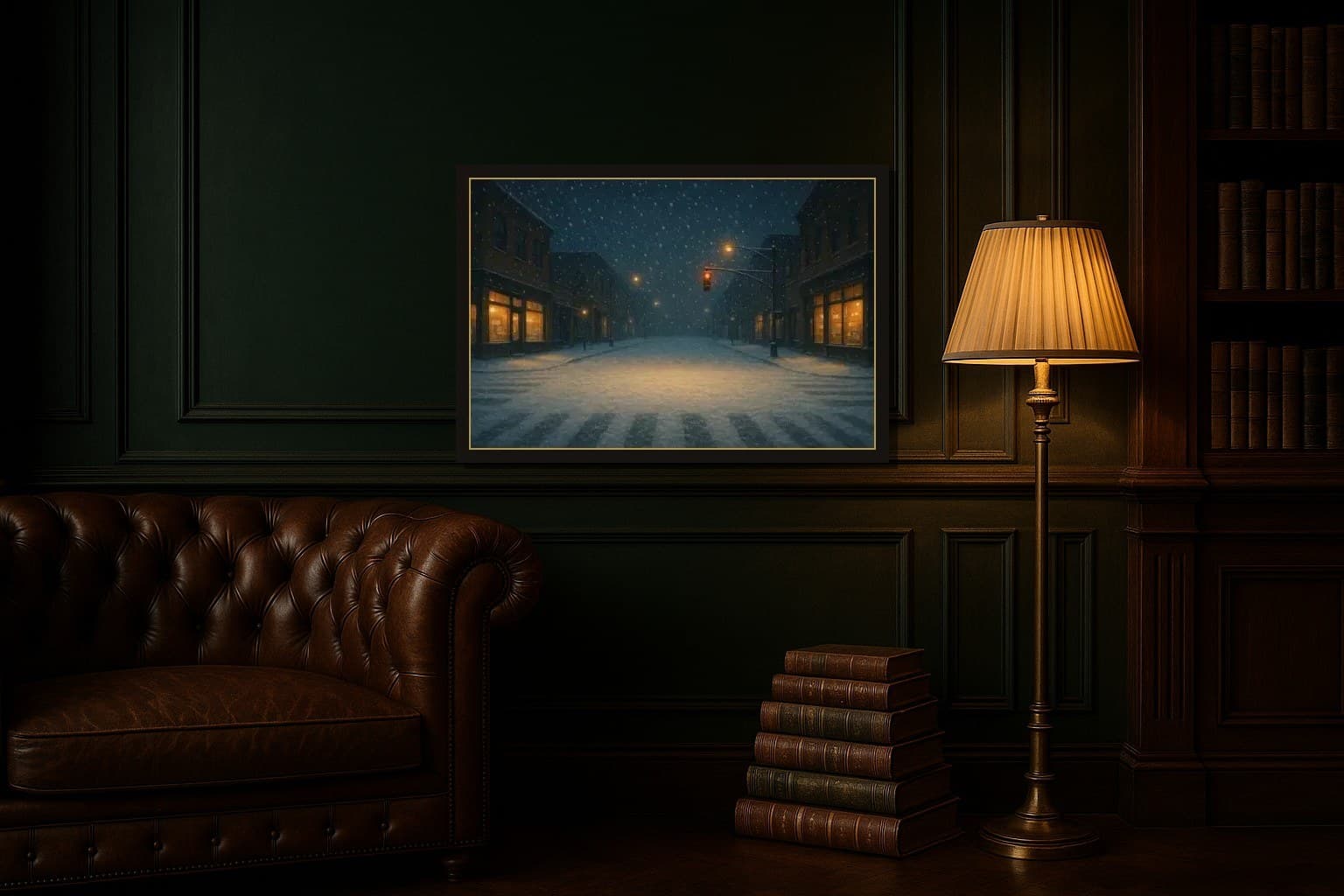 First Snow Crossing shown as a framed fine-art print in a styled room