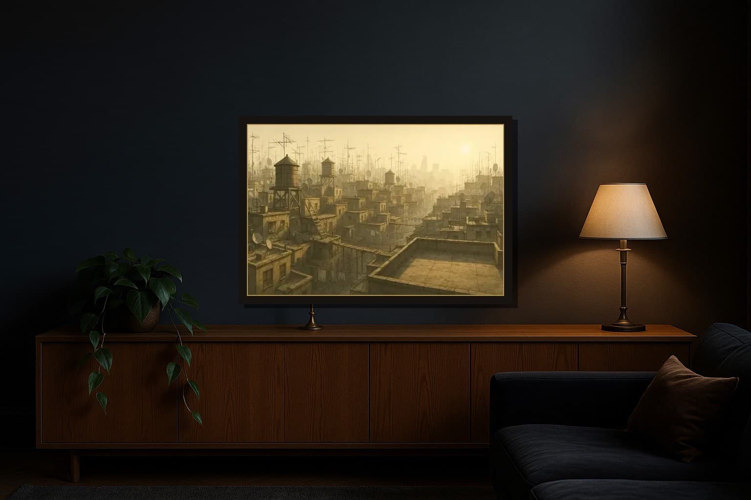 Rooftop Walk shown as a framed fine-art print in a styled room