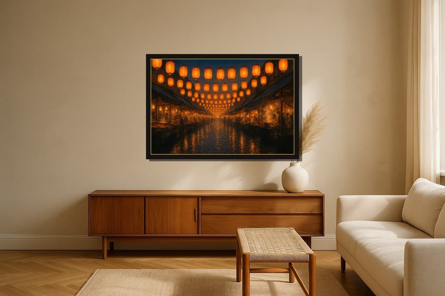 Dusk Market shown as a framed fine-art print in a styled room