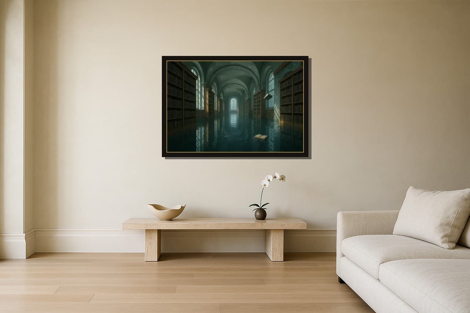 Drowned Library shown as a framed fine-art print in a styled room