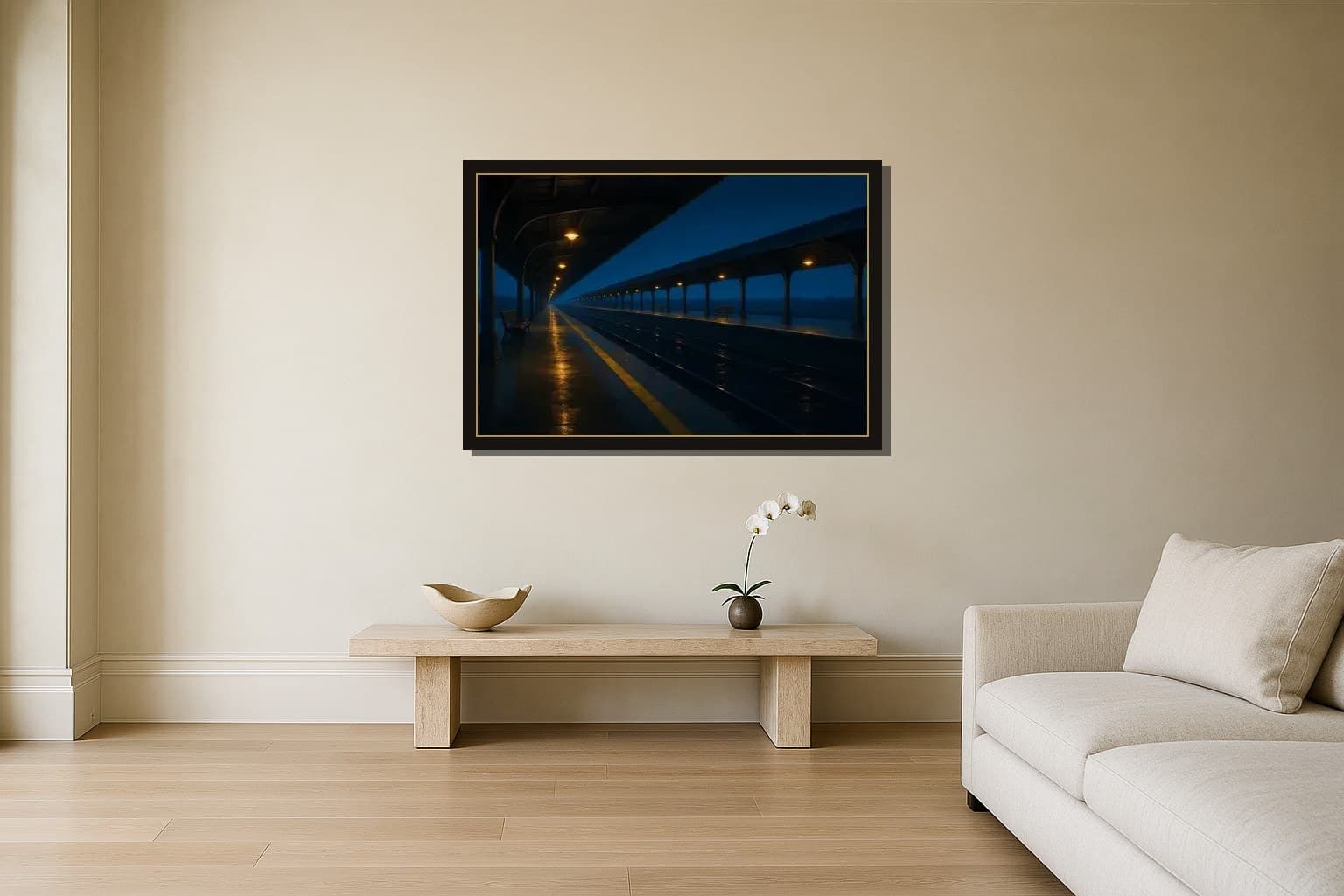 Long Platform shown as a framed fine-art print in a styled room