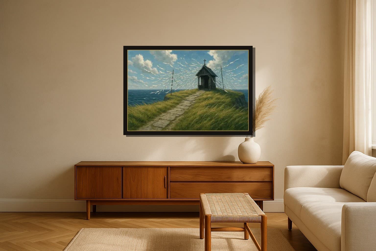 Headland Shrine shown as a framed fine-art print in a styled room