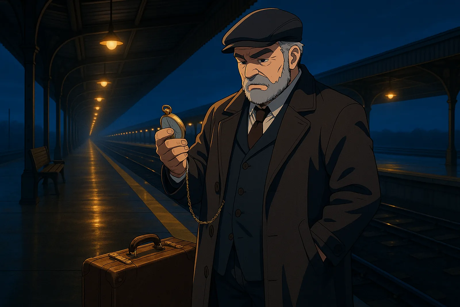 A studio render of broad man in his sixties with pale skin, standing in Long Platform, drawn in the Deep Light hand