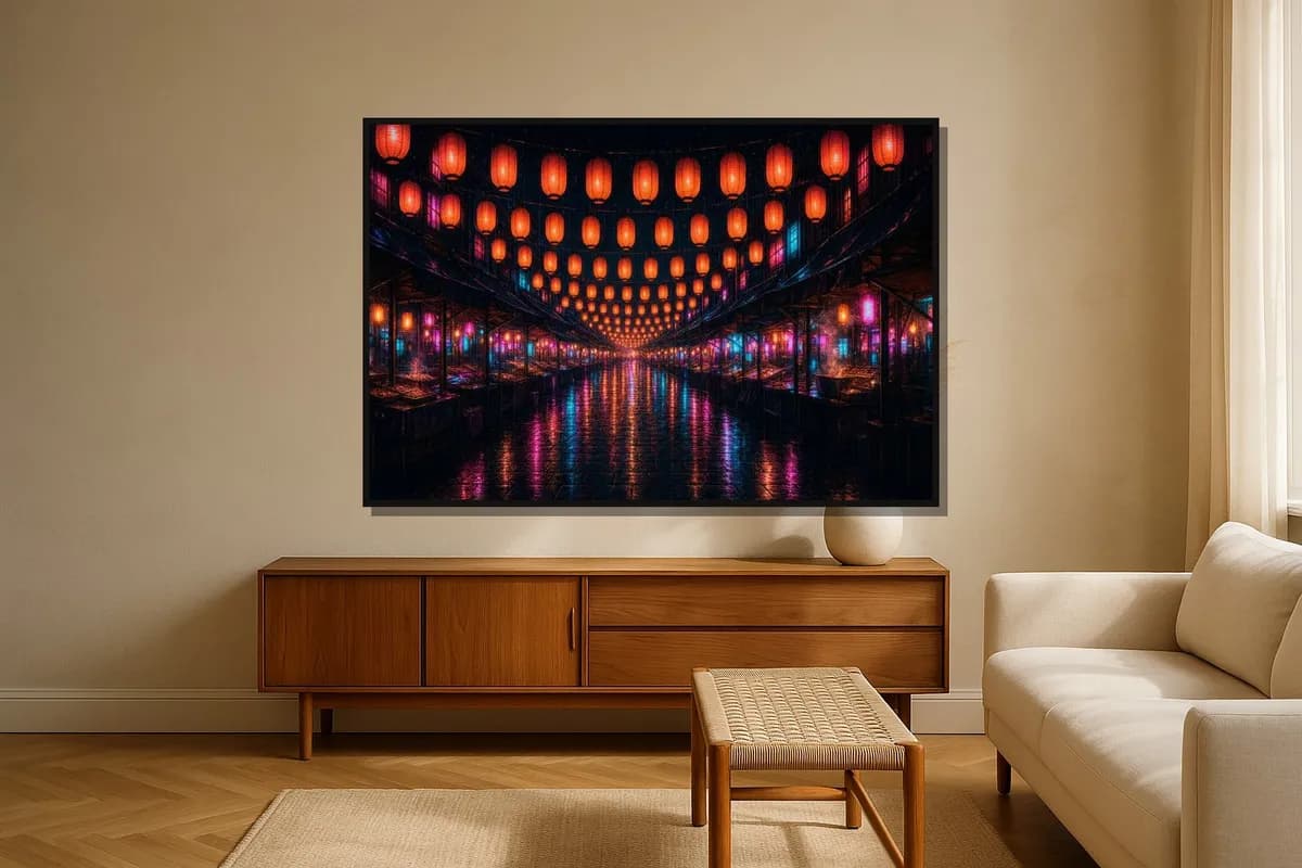 Float-framed canvas, Dusk Market, Wet Street