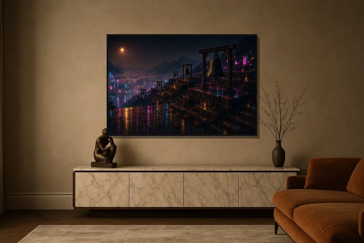 Float-framed canvas, Terrace of Bells, Wet Street