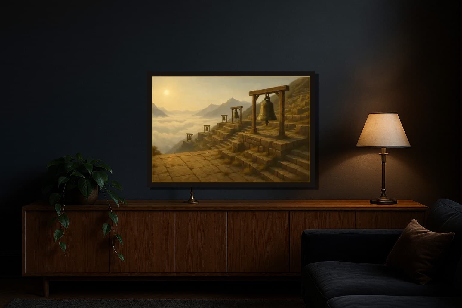 Terrace of Bells shown as a framed fine-art print in a styled room