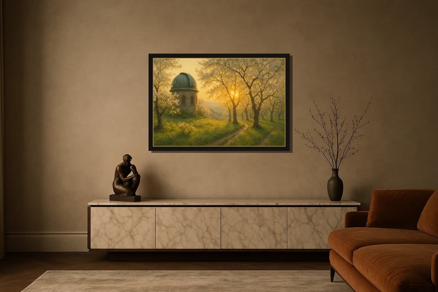 Telescope Orchard shown as a framed fine-art print in a styled room